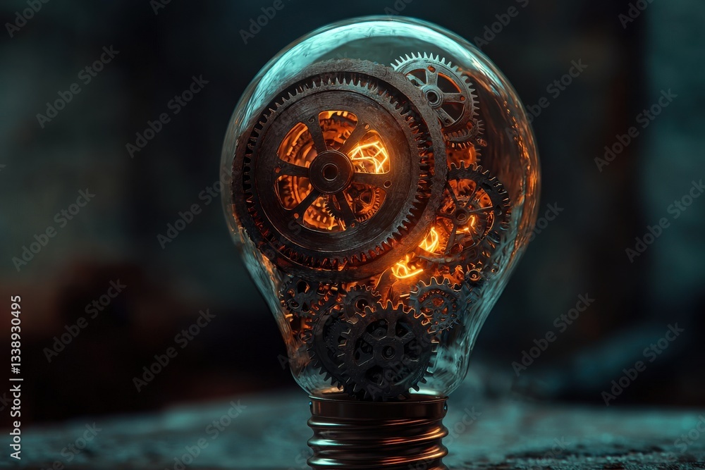 Poster an artistic rendering of a light bulb filled with intricate gears and glowing elements, representing