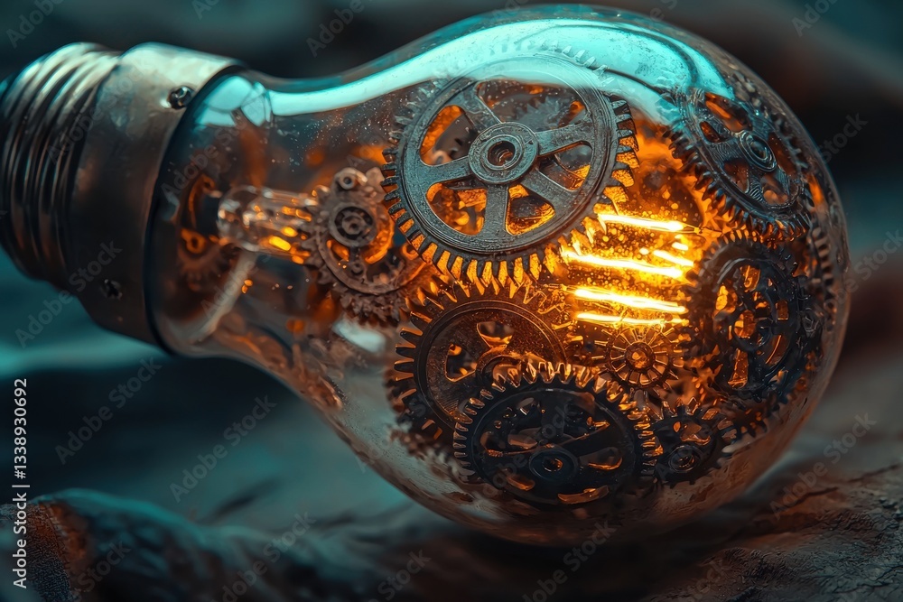Poster an illuminated lightbulb filled with intricate gears and cogs, symbolizing creative engineering and 