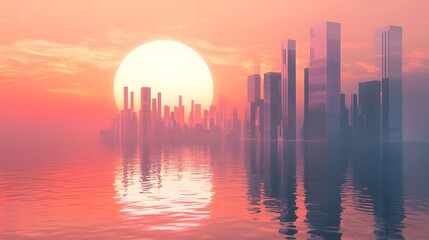 Fototapeta premium 97. A futuristic coastal city with minimalist oceanfront skyscrapers reflecting the sunrise.