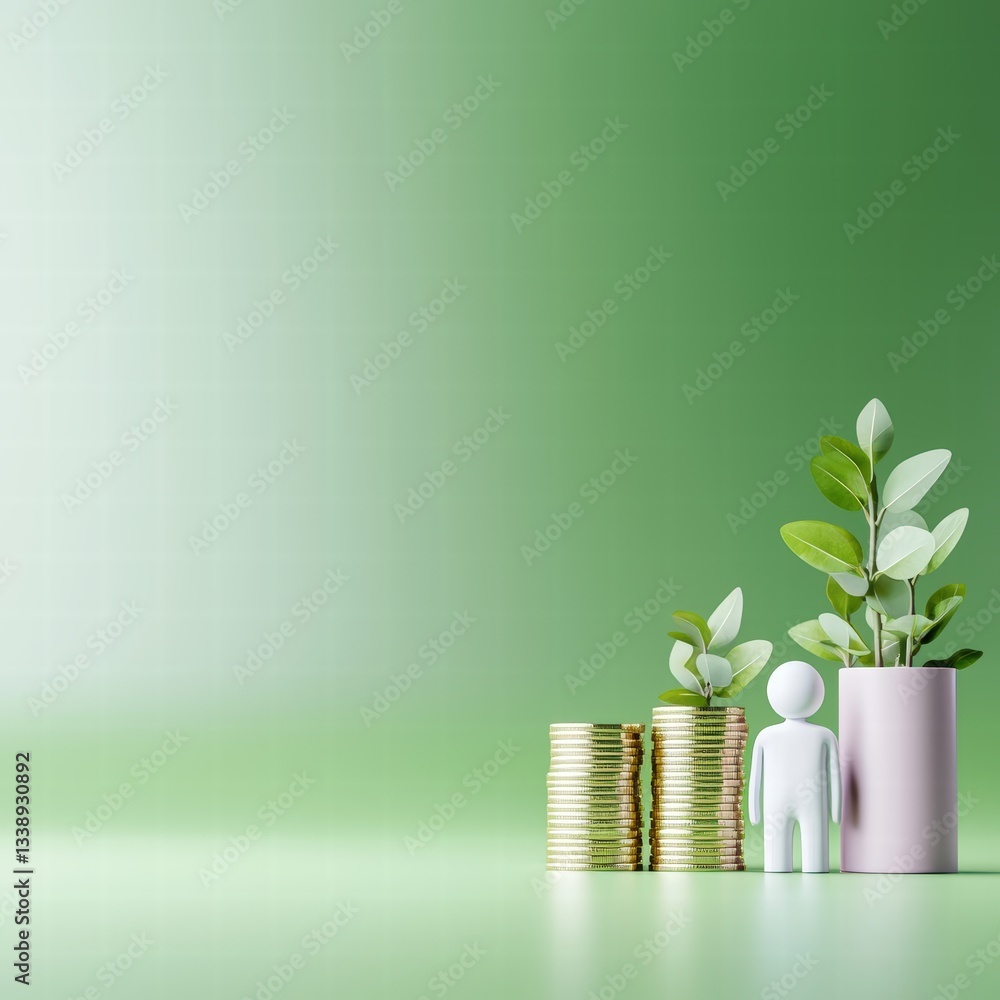 Aufkleber an elegant vase with a green plant and a stack of coins on a simple table displaying minimalism
