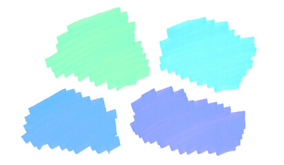 Obraz premium Sketch palette of Japanese markers with alcohol ink - a collection of green, blue colors. Hand drawn stripes and spots of different shades isolated on a white background