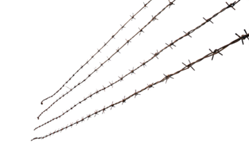 Three Strands of Barbed Wire with Varying Degrees of Rust Isolated for Security and Industrial.