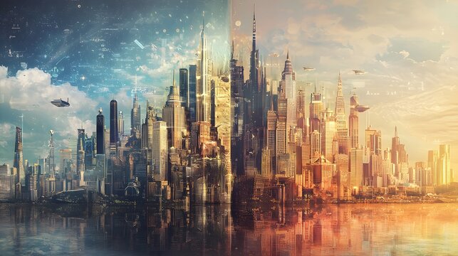 1. A timeline-style cityscape showing the transition from ancient settlements to futuristic skyscrapers