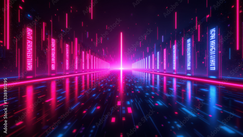 Poster futuristic corridor with cyberpunk vibe, filled with neon lights and digital grids, representing cyb