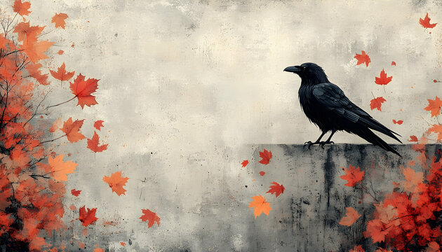 A crow perched on a wall amidst falling autumn leaves