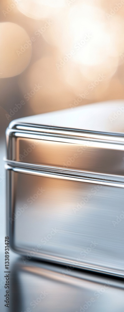 Poster a close-up of a shiny, metallic box with a smooth surface, set against a softly blurred background w