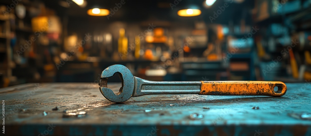 Poster rusty adjustable wrench on workbench in a workshop.
