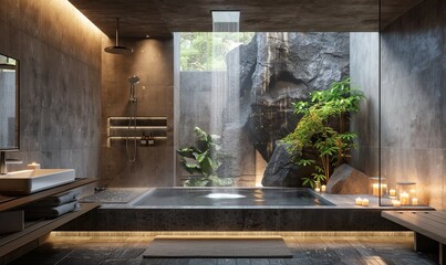 Large spa-like bathroom with a soaking tub, rain shower, and natural stone tiles, 4K hyperrealistic photo