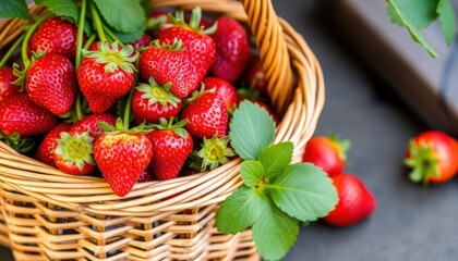 Harvesting ripe strawberries farm basket fruit photography natural setting close-up fresh produce appeal