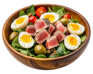 fresh niçoise salad featuring seared tuna, boiled eggs, olives, and cherry tomatoes, served in wooden bowl. This vibrant dish is perfect for healthy meal