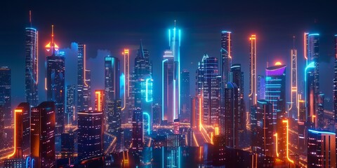 Sci-fi city skyline with olive and indigo neon lights. Night scene with advanced skyscrapers. 3D Render.