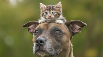 Obraz premium Playful mixed breed dog with kitten on head, showcasing heartwarming animal friendship.
