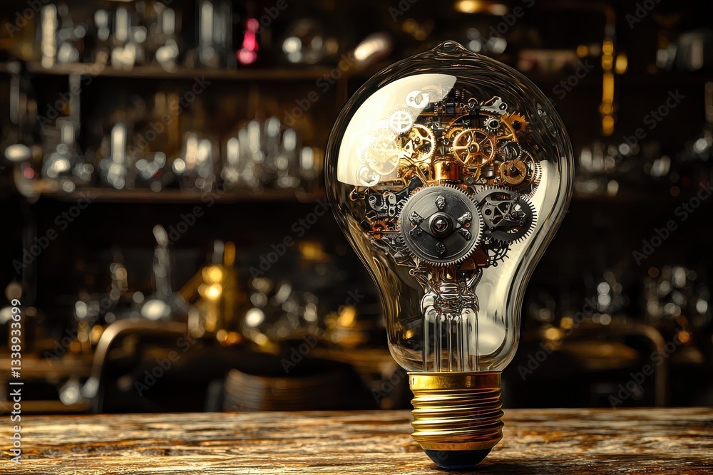 Aufkleber steampunk-style lightbulb filled with intricate gears on a rustic wooden surface, symbolizing innova