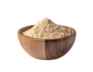 A wooden bowl filled with tan powder The powder is piled high in the bowl ready to be used in cooking or baking Isolated on