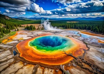 Majestic Yellowstone Geysers: Aerial View of Geothermal Wonders, Wyoming - obrazy, fototapety, plakaty