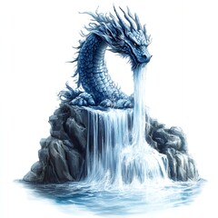 Majestic Blue Dragon Statue at Waterfall Fantasy Art Illustration