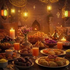 Fototapeta premium Ramadan kareem iftar time foods with family dates fry foods