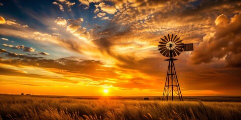 Majestic Windmill Silhouette at Golden Hour Sunset