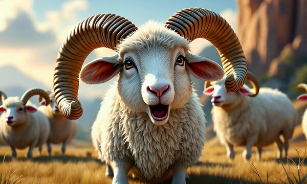 Fluffy White Ram With Large Curled Horns In Golden Field
