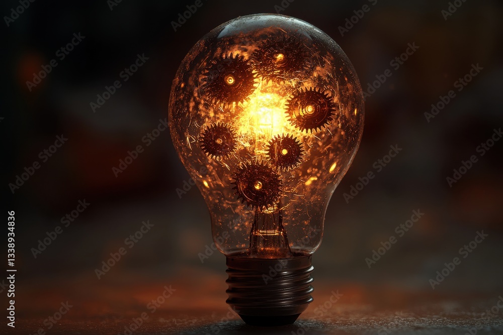 Poster a conceptual image of an illuminated light bulb with gears inside, representing innovation, technolo
