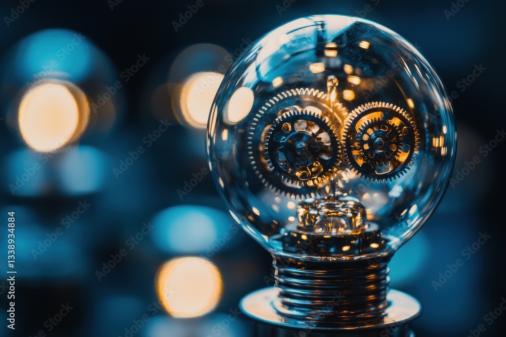 Poster an intricate light bulb with visible gears and cogs inside, symbolizing innovation, mechanical preci