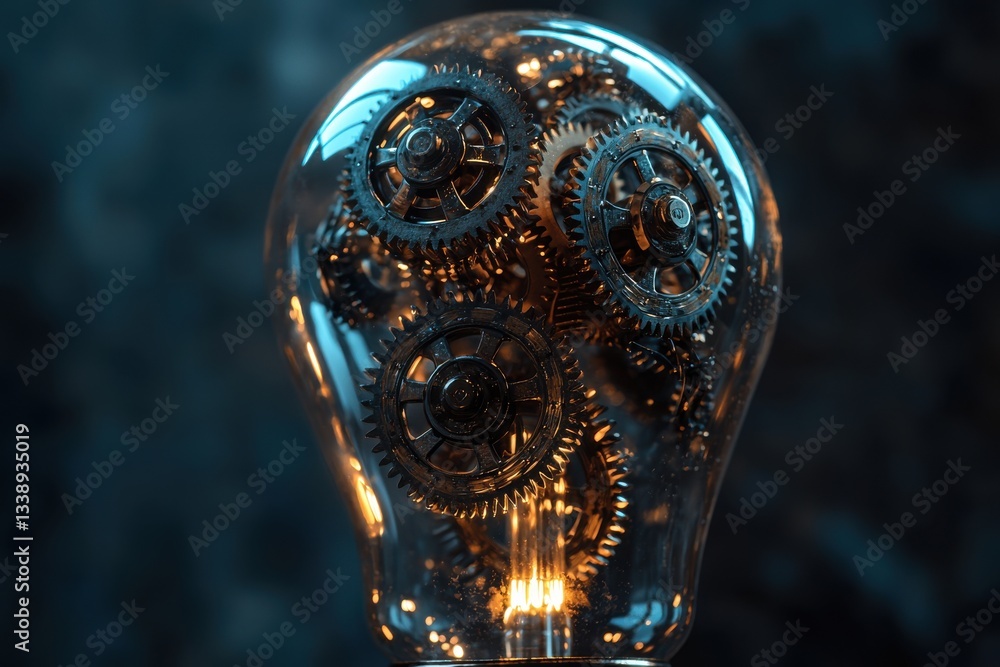 Poster detailed view of a lightbulb containing intricate gears and mechanisms, symbolizing innovation, tech