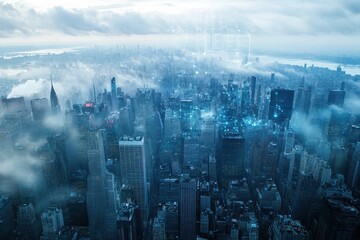 City skyline illuminated at dusk with digital overlays showing data points and information flow