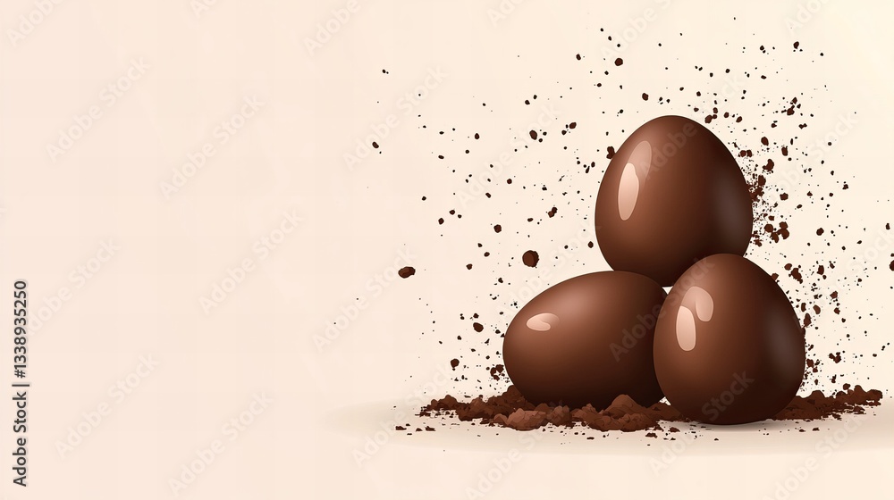 Aufkleber three chocolate eggs are displayed on a light beige surface surrounded by scattered cocoa powder, cr