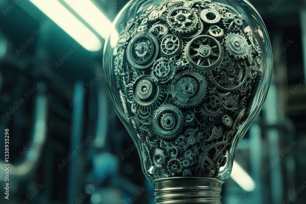 Poster an intriguing image of a lightbulb filled with intricate metallic gears, showcasing complexity, inno