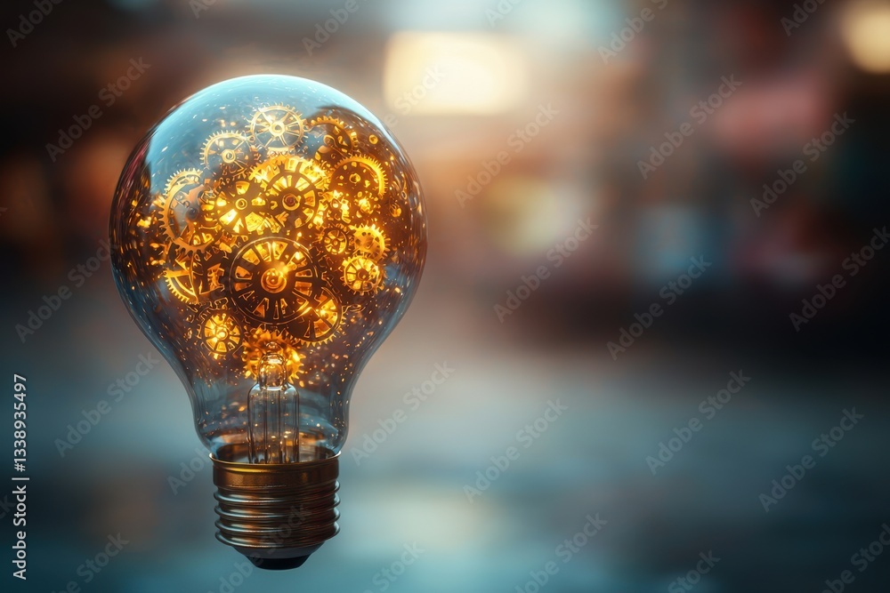 Poster a gleaming lightbulb filled with intricate golden gears, symbolizing innovation, mechanical complexi