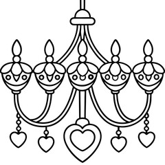 Chandelier with heart decorations line art vector