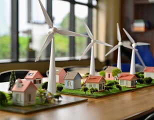 wind turbine model on a conference table surrounded by scale model houses