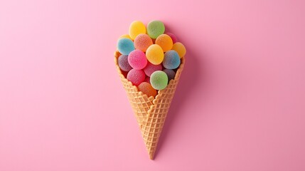 Colorful Gummy-Topped Ice Cream Cone on Pastel Pink Background, Minimalist Food Presentation