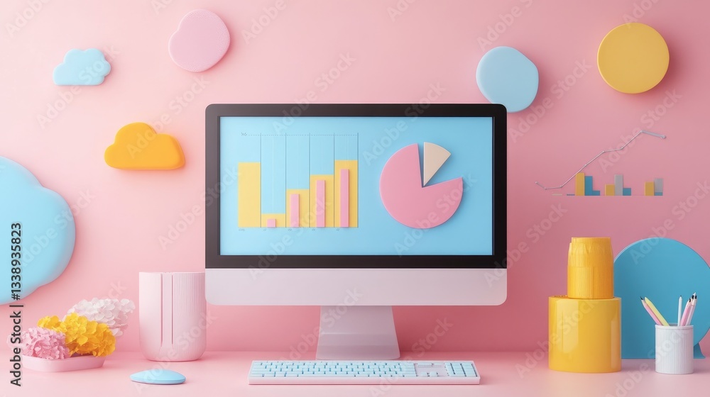 Poster colorful desktop setup with charts and graphs on pink background