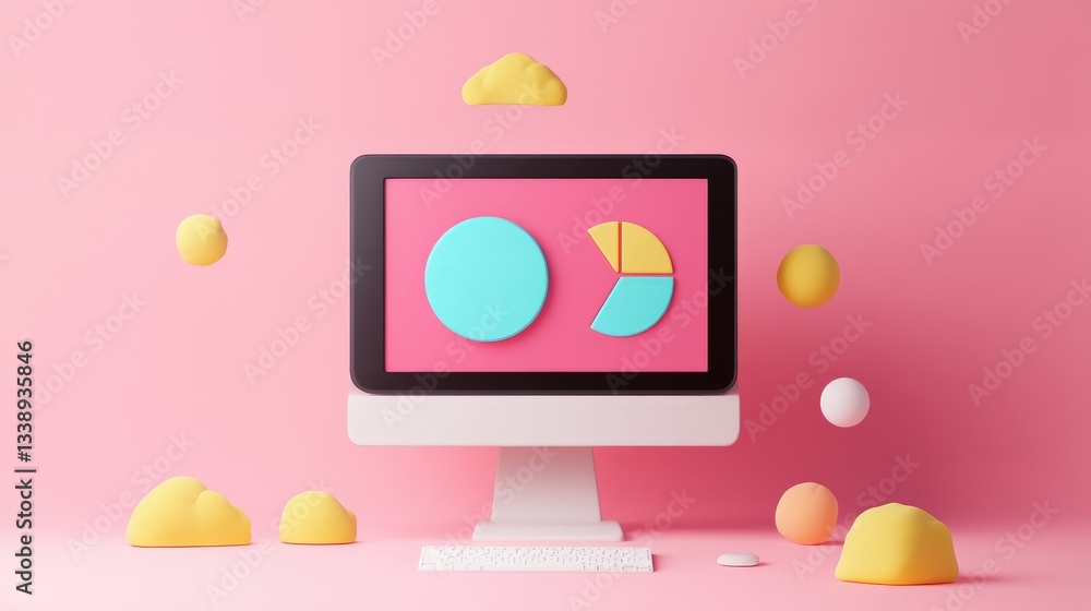 Poster colorful computer display with geometric shapes and playful clouds