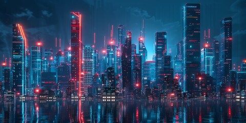 Sci-fi city skyline with coral and sapphire neon lights. Night scene with advanced skyscrapers. 3D...