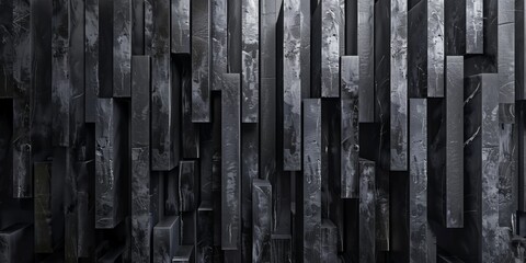 L-shaped tiles arranged to create a dark charcoal wall, with a polished, futuristic background formed from 3D cylindrical segments. 3D Render.