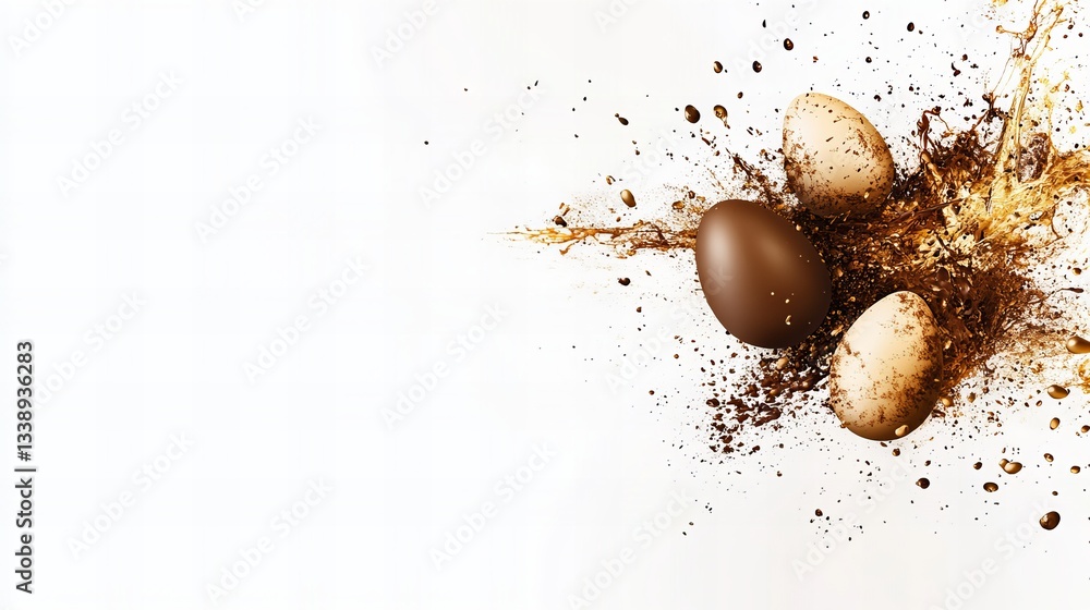Aufkleber three chocolate eggs are displayed amidst a splash of liquid and scattered granules on a white surfa
