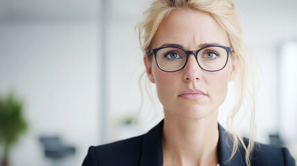 A fair-haired young Caucasian businesswoman wearing glasses and a dark jacket looks at the camera with concern and seriousness, personifying a tense situation and solving routine business problems.