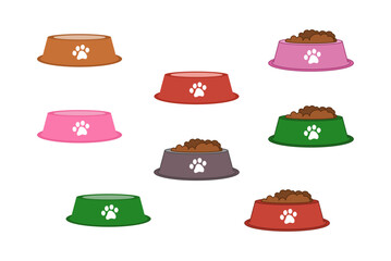 Series of colorful bowls with food for dog or cat - vector