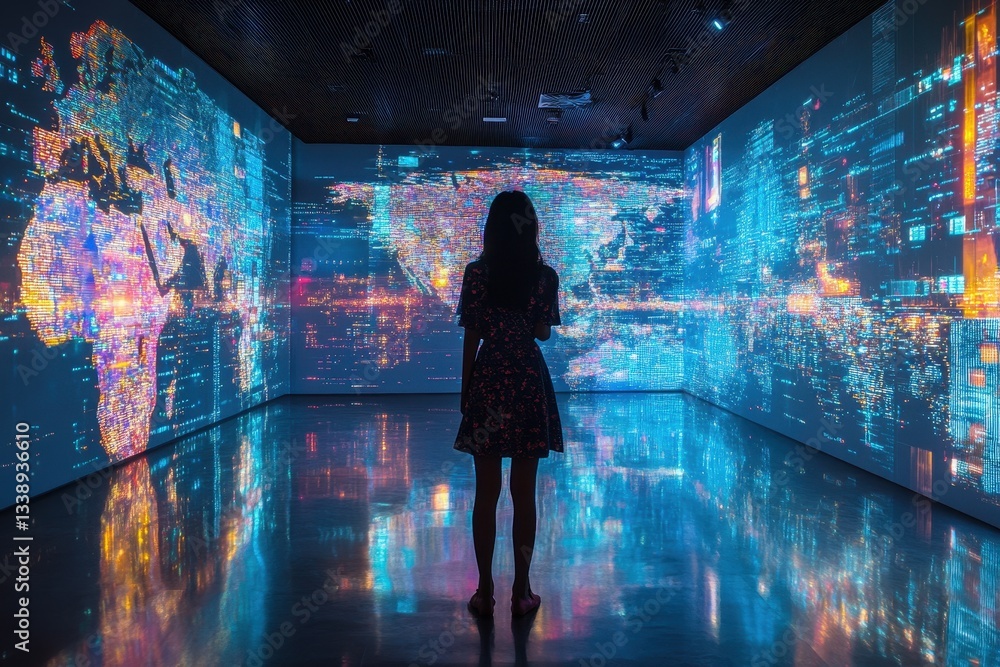 Poster interactive digital art experience immerses a visitor in a vibrant world map and colorful data visua