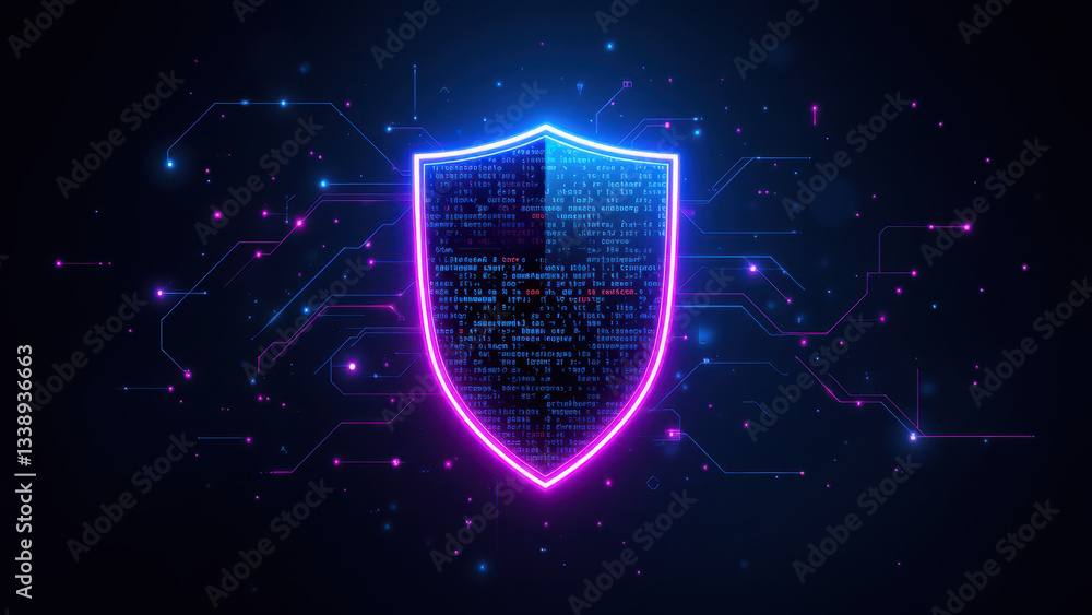 Poster cybersecurity emblem featuring a shield with digital circuit patterns on a dark background with neon