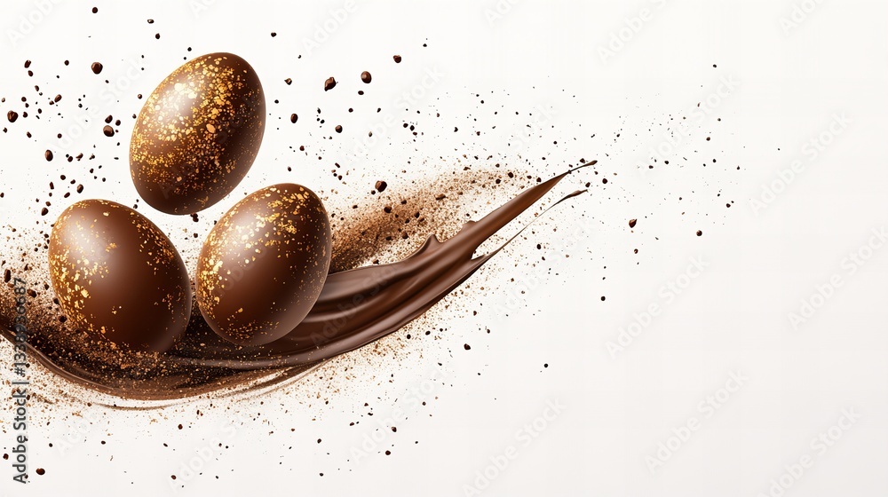 Poster three chocolate eggs adorned with golden specks are floating in the air, accompanied by a swirl of c