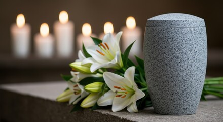 Gray textured ceramic mortuary cremation urn with ashes adorned with white lilies bouquet on stone pedestal and candles glowing softly in backdrop, funeral ceremony service, tribute to deceased person