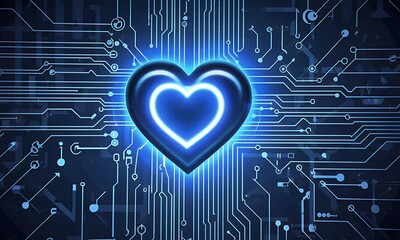 A glowing heart on a circuit board, symbolizing digital love and technology connections. - Powered by Adobe