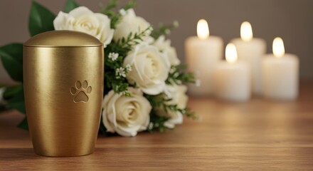 Gold metallic mortuary cremation urn with pet ashes adorned with paw engraving, white roses bouquet on wooden tabletop and candles glowing softly in backdrop, funeral service, tribute to pet, cat, dog