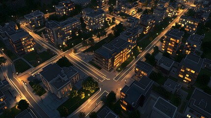 Obraz premium 52. A minimalistic city layout with perfectly aligned buildings, soft ambient lighting, and wide pedestrian-friendly streets.