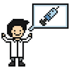 Fototapeta premium Cute pixel cartoon 8bit character man doctor or scientist game care for decoration pharmacist male doctor uniform in hospital 8 bit male pixel art game 8bit png vector.