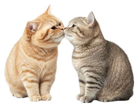 Charming scene of two adorable British Shorthair cats touching noses, showcasing their affectionate bond. Their playful expressions and soft fur create heartwarming moment