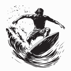 Silhouette Surfer Riding a Wave in the Ocean image vector isolated on white background.